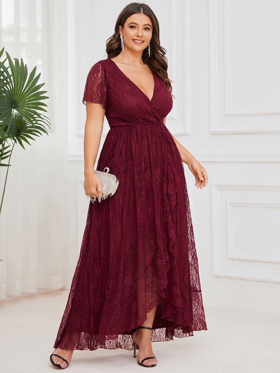 Custom Size Short Sleeve Ruffled V-Neck A-Line Lace Evening Dress