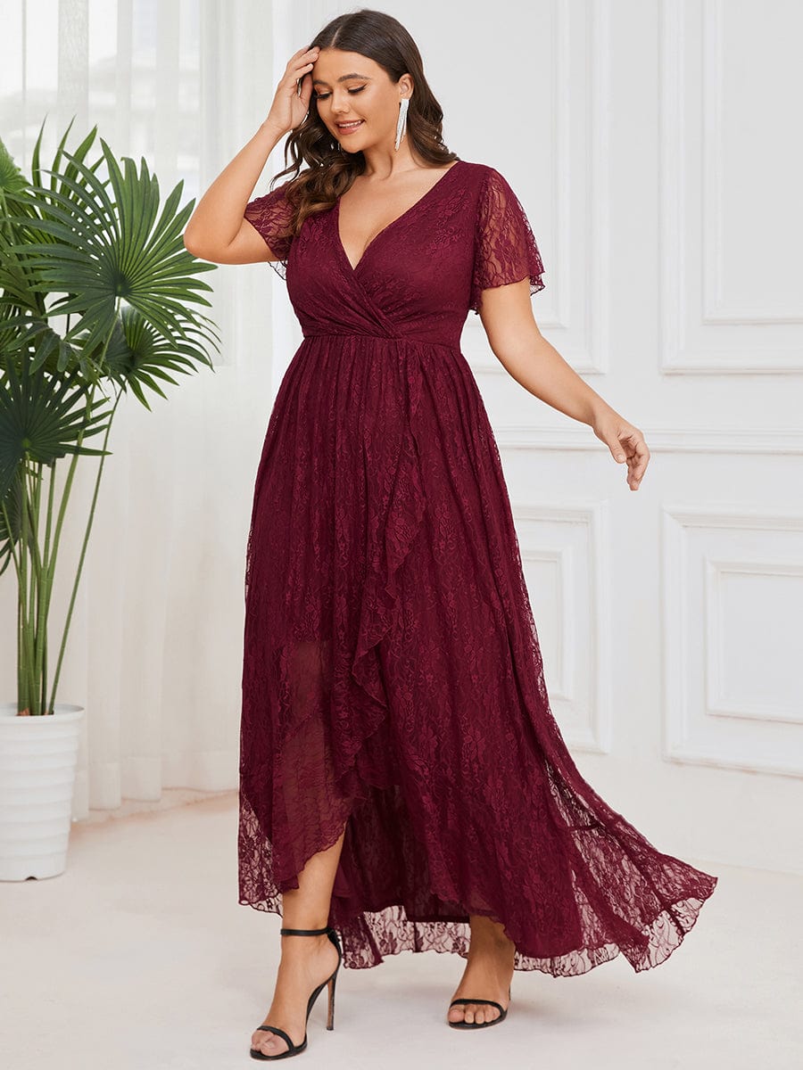 Custom Size Short Sleeve Ruffled V-Neck A-Line Lace Evening Dress