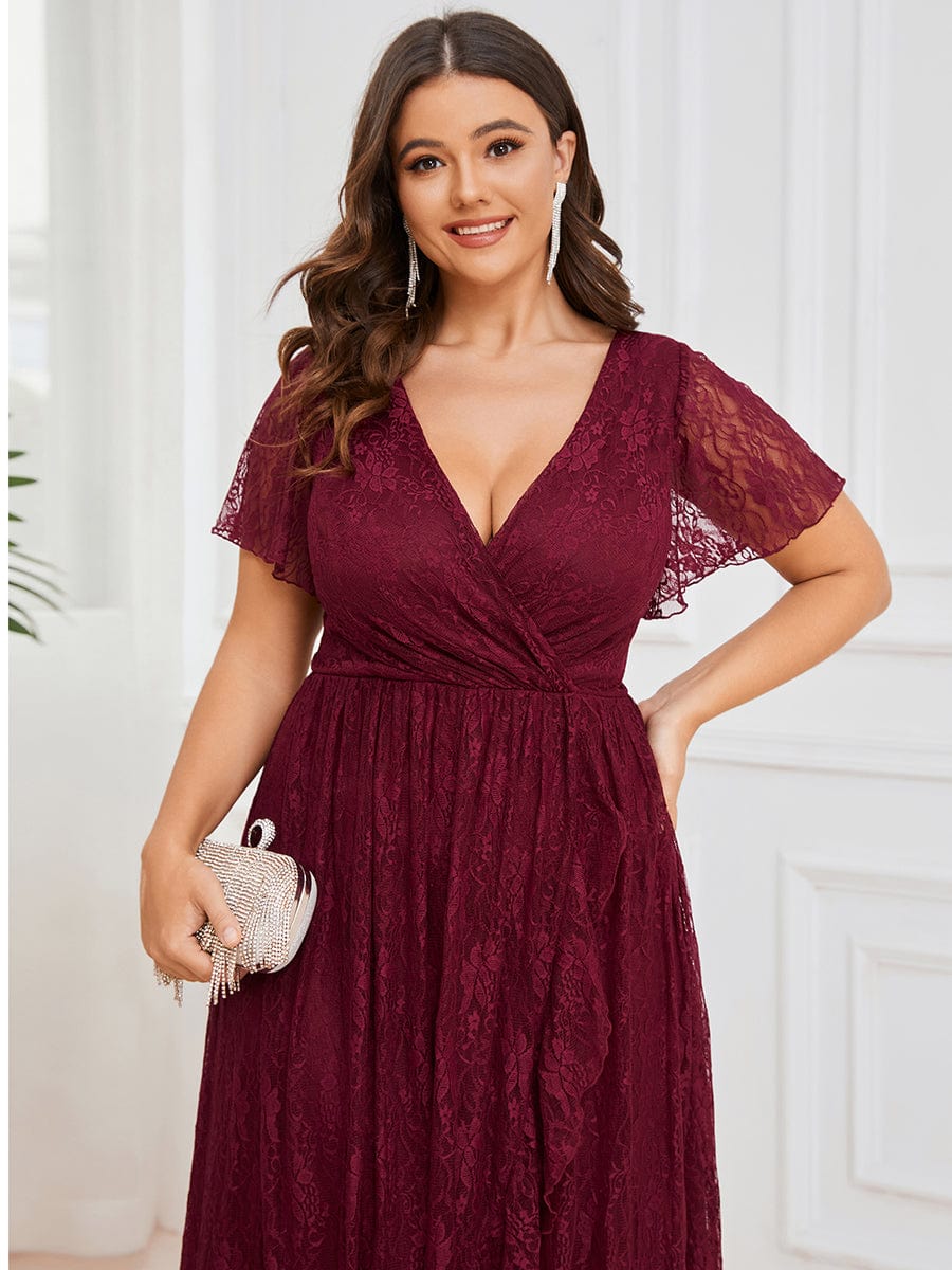 Plus Size Short Sleeve Ruffled V-Neck A-Line Lace Evening Dress