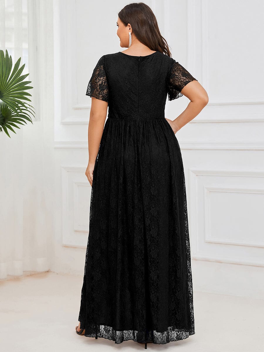 Custom Size Short Sleeve Ruffled V-Neck A-Line Lace Evening Dress