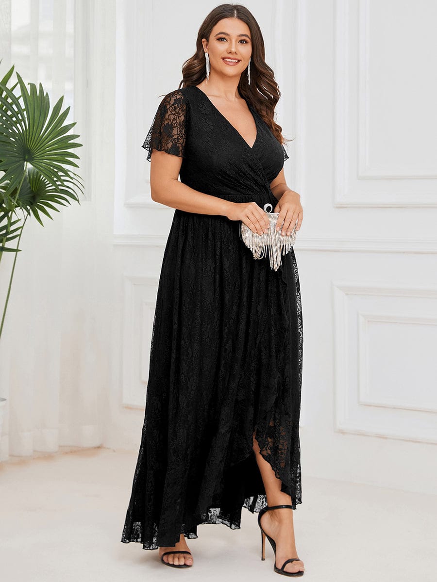 Custom Size Short Sleeve Ruffled V-Neck A-Line Lace Evening Dress