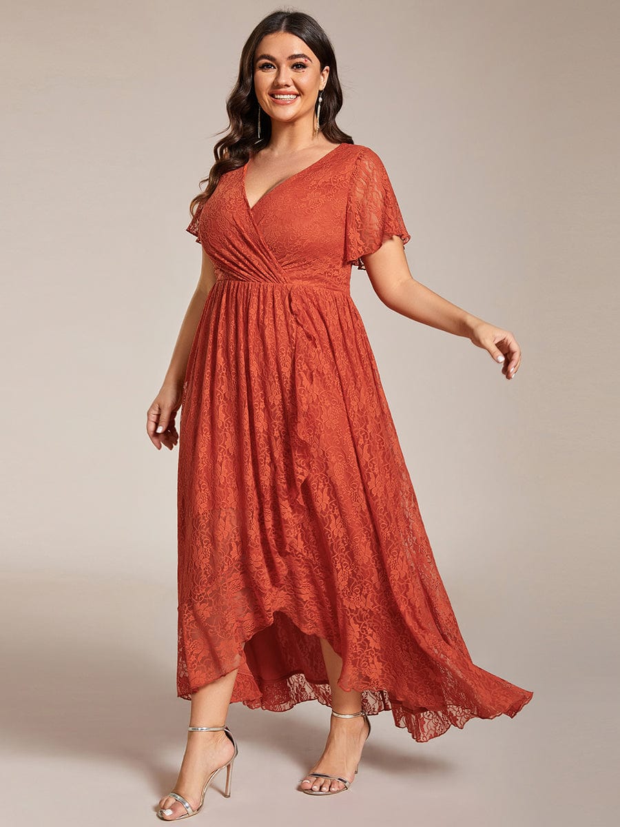 Plus Size Short Sleeve Ruffled V-Neck A-Line Lace Evening Dress