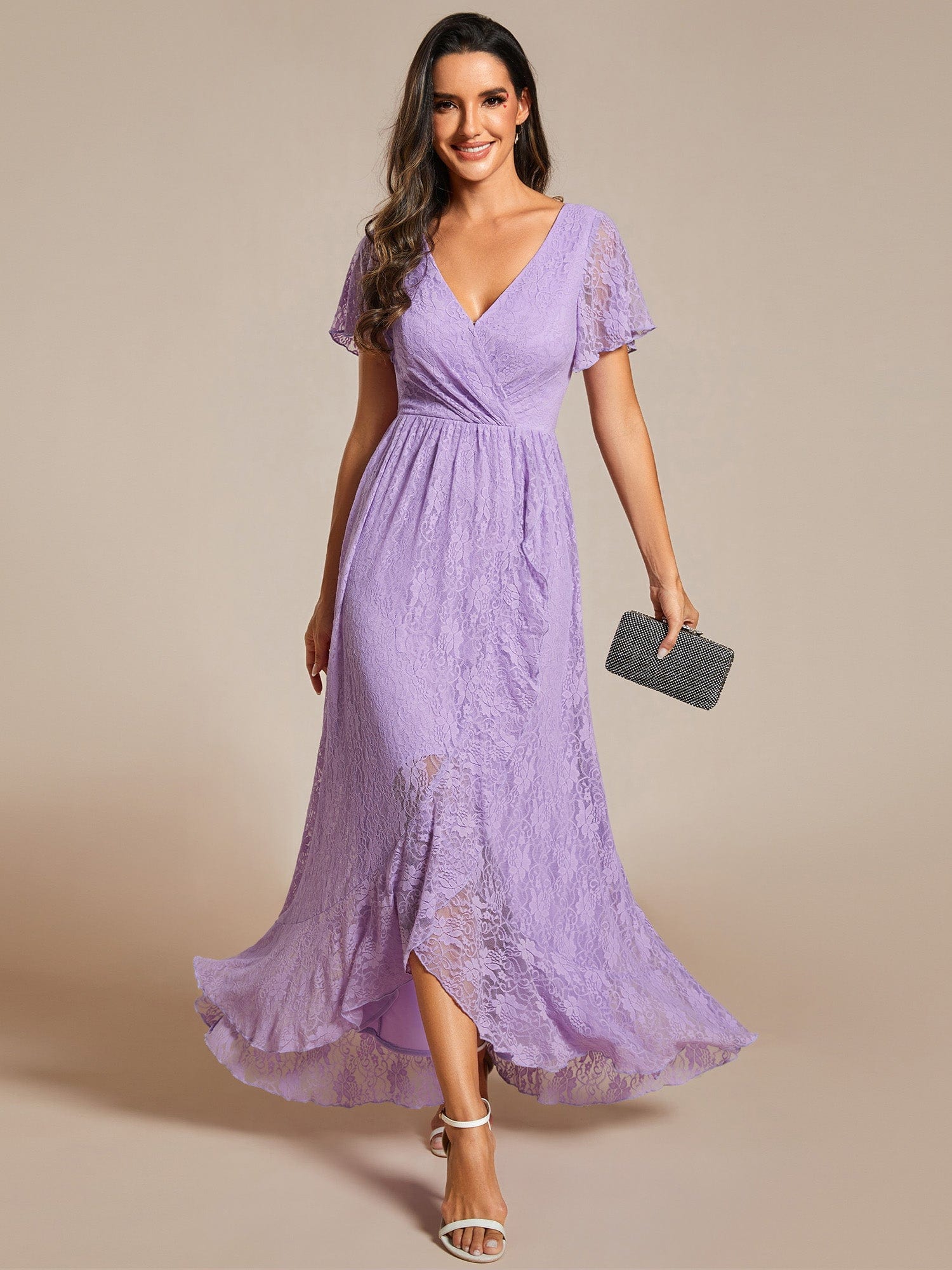 Pleated V-Neck Short Sleeve Ruffled Lace Evening Dress