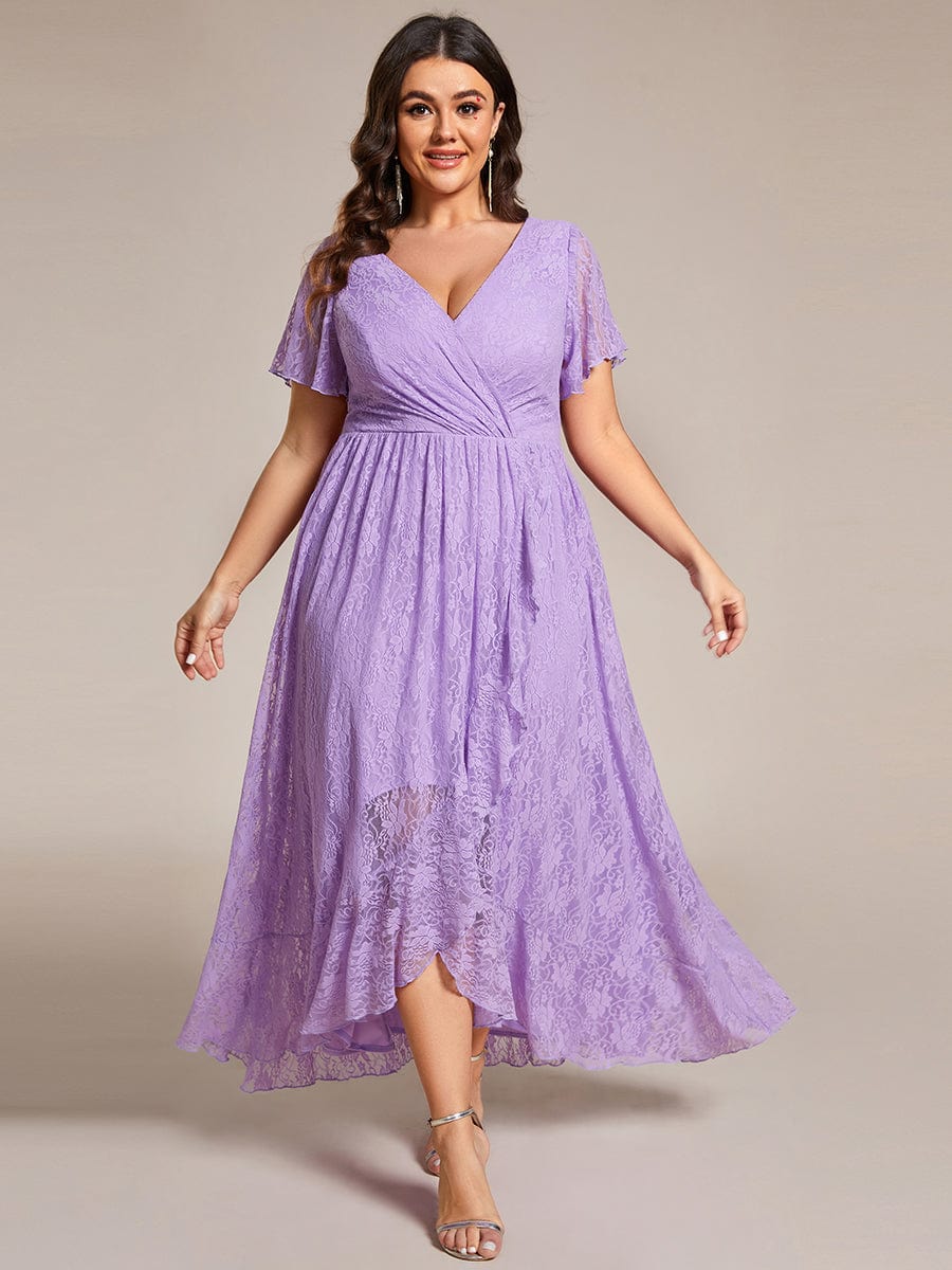 Plus Size Short Sleeve Ruffled V-Neck A-Line Lace Evening Dress