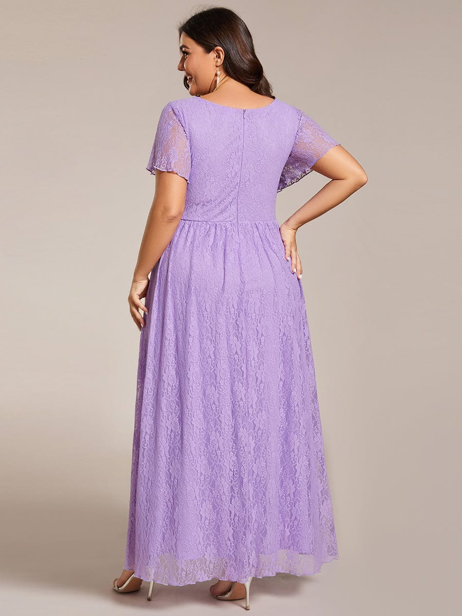 Plus Size Short Sleeve Ruffled V-Neck A-Line Lace Evening Dress