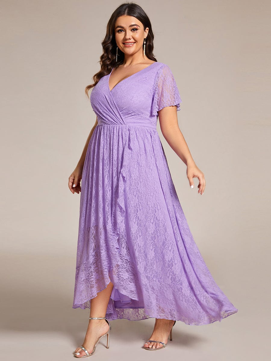 Plus Size Short Sleeve Ruffled V-Neck A-Line Lace Evening Dress