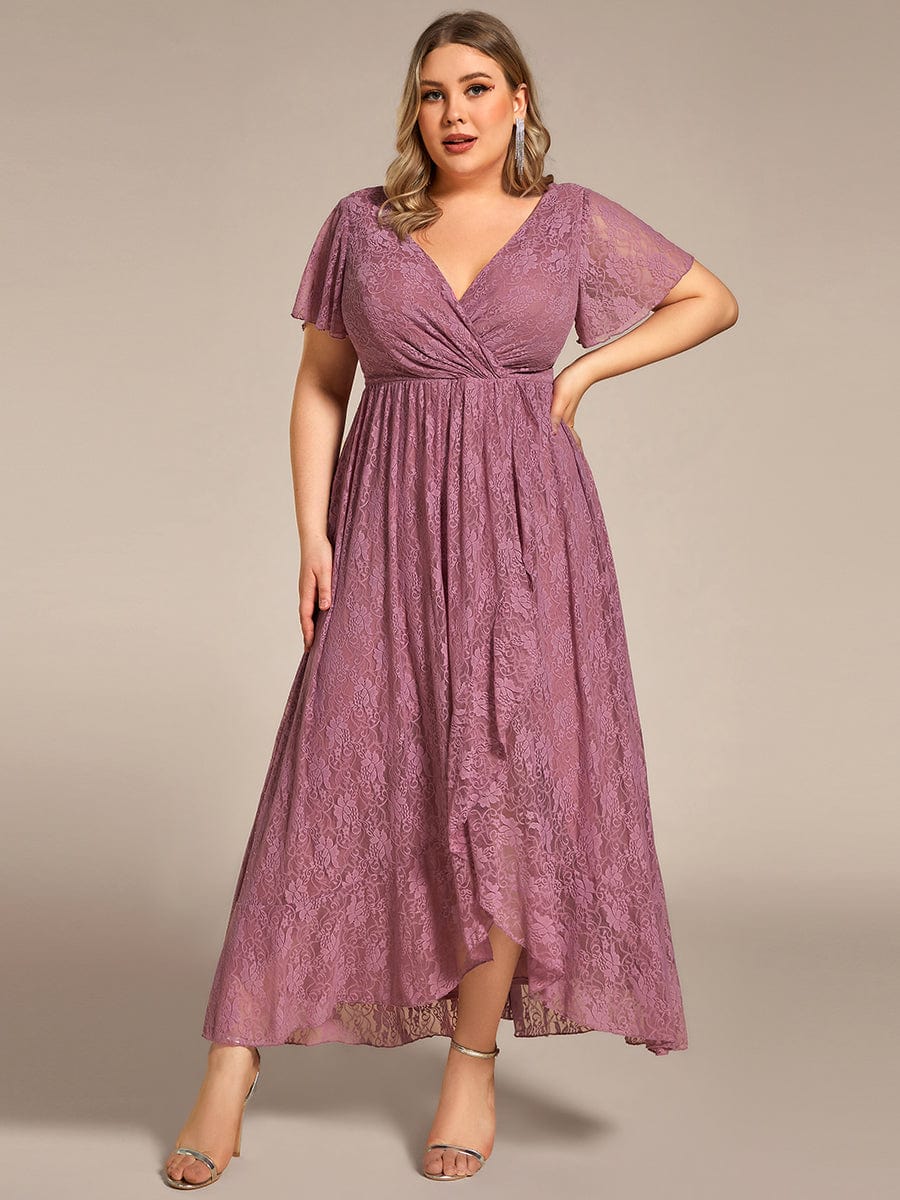 Plus Size Short Sleeve Ruffled V-Neck A-Line Lace Evening Dress