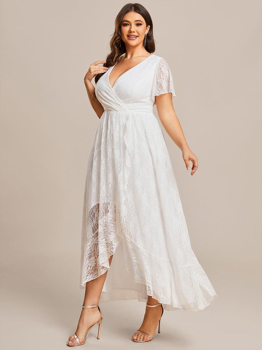 Plus Size Short Sleeve Ruffled V-Neck A-Line Lace Evening Dress