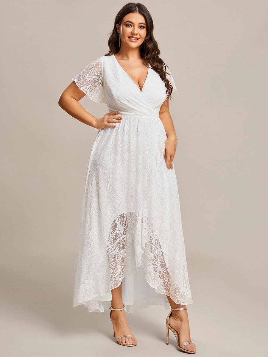 Plus Size Short Sleeve Ruffled V-Neck A-Line Lace Evening Dress