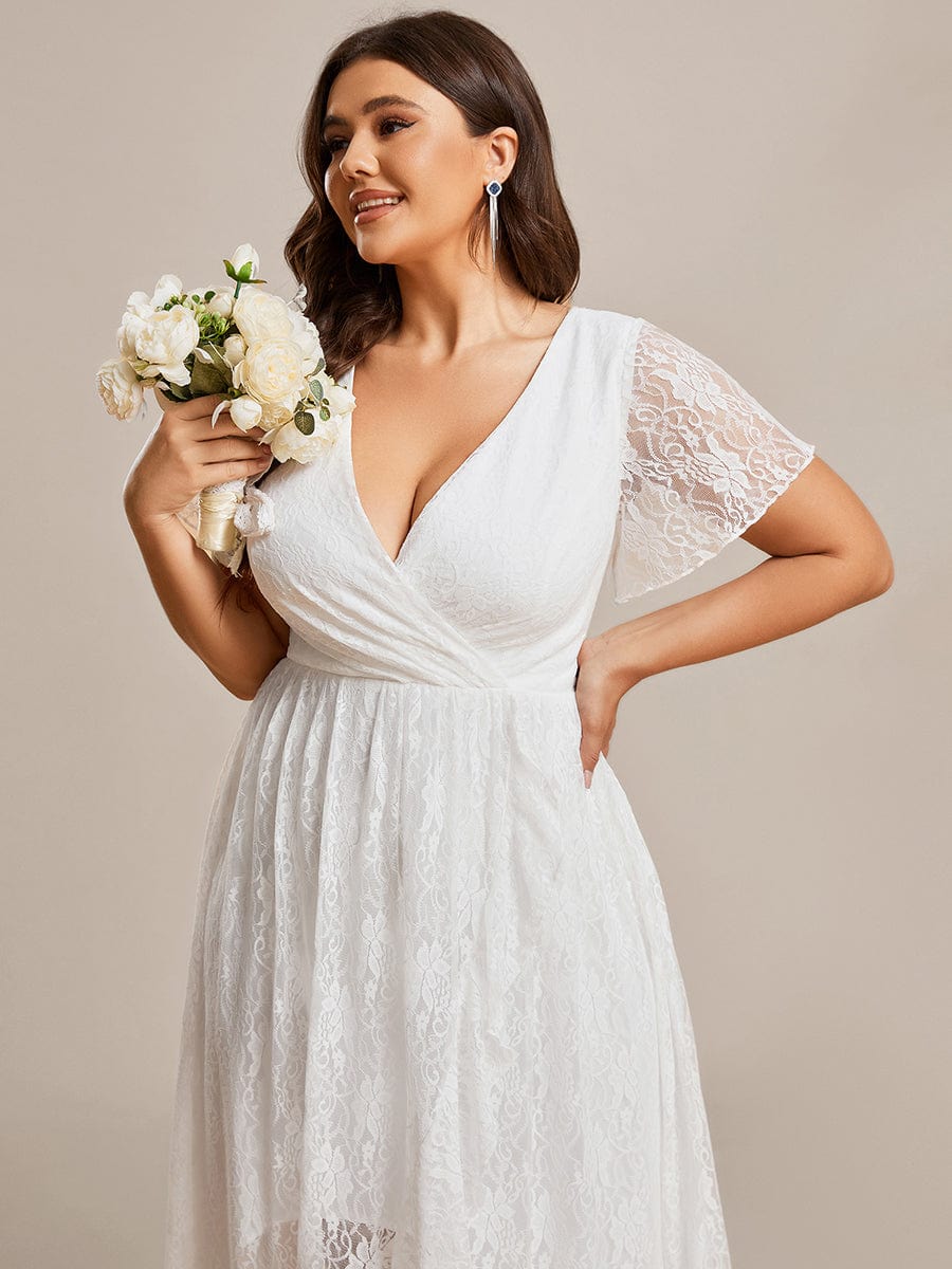 Plus Size Short Sleeve Ruffled V-Neck A-Line Lace Evening Dress