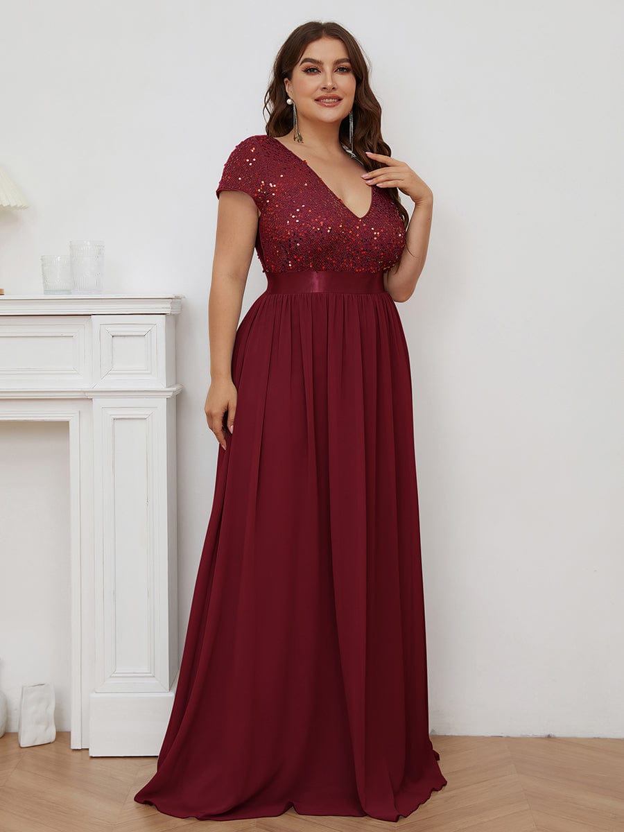 Plus Size Empire Waist V-Neck Cap Sleeve Chiffon Formal Evening Dress