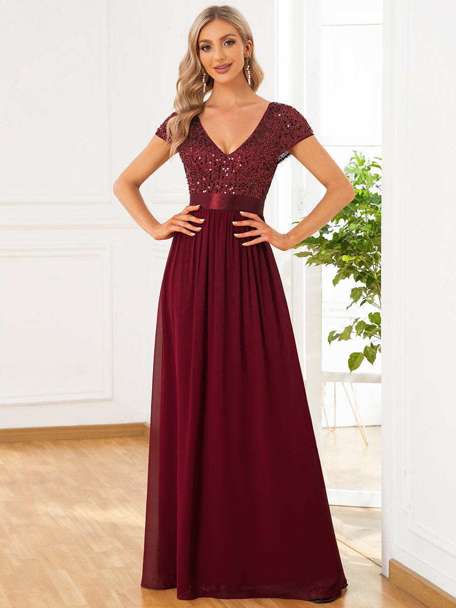 Empire Waist V-Neck Cap Sleeve Chiffon Formal Evening Dress