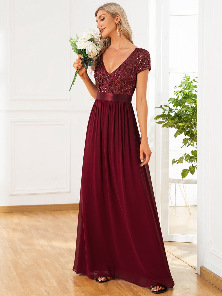 Empire Waist V-Neck Cap Sleeve Chiffon Formal Evening Dress