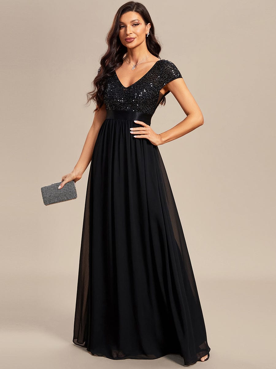 Empire Waist V-Neck Cap Sleeve Chiffon Formal Evening Dress