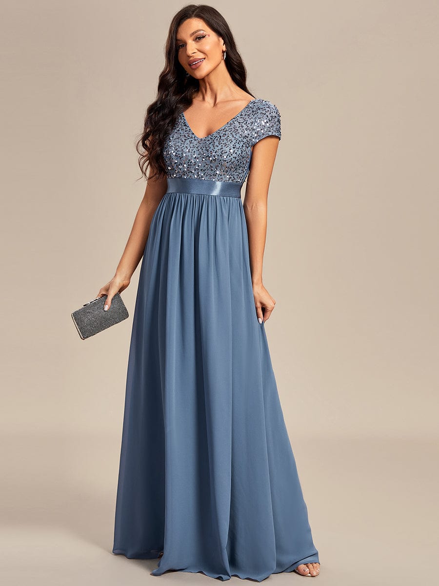 Empire Waist V-Neck Cap Sleeve Chiffon Formal Evening Dress