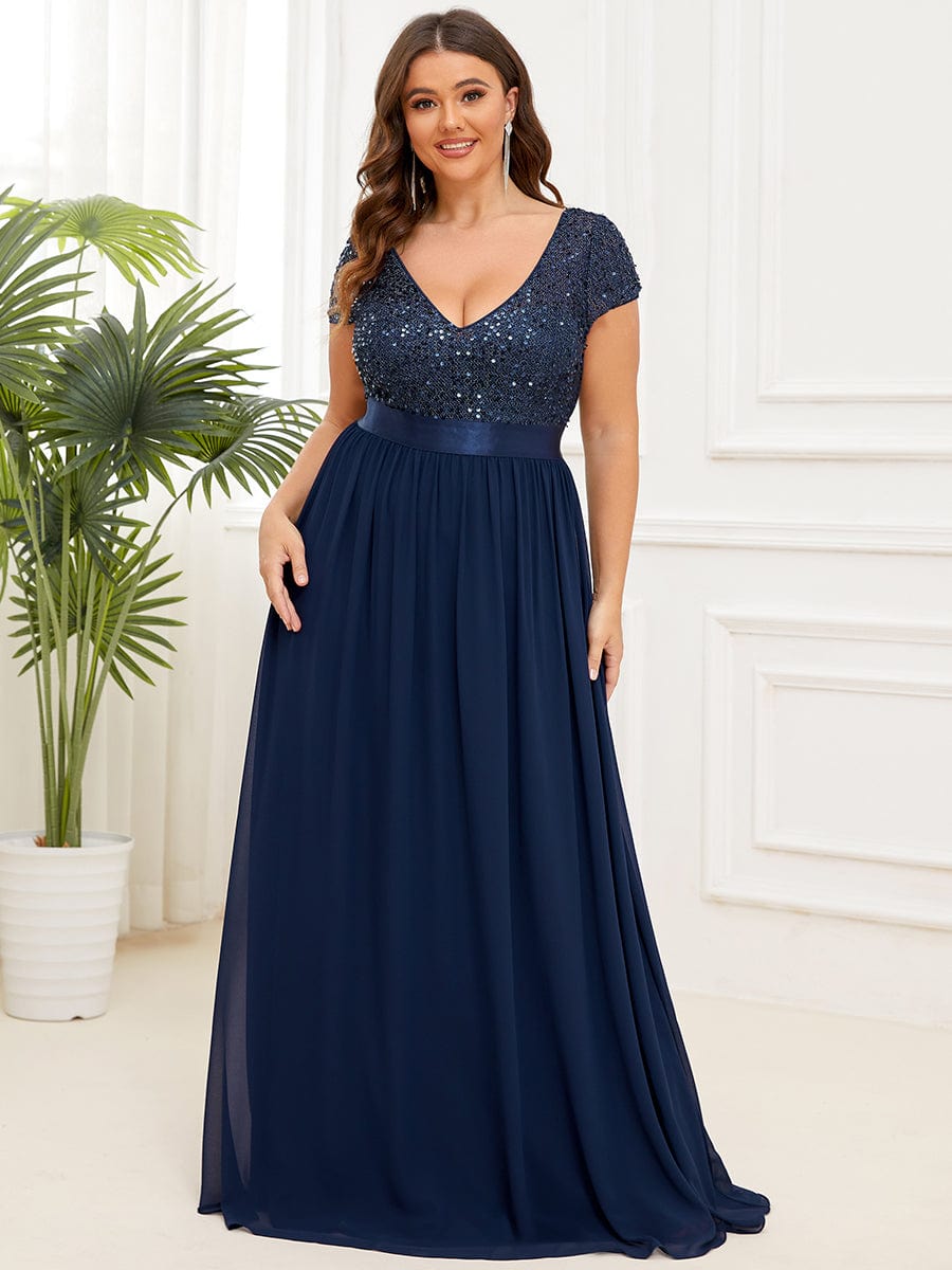 Empire Waist V-Neck Cap Sleeve Chiffon Formal Evening Dress