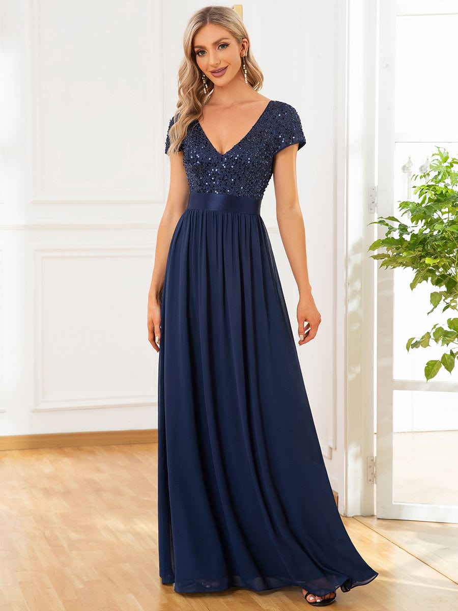 Empire Waist V-Neck Cap Sleeve Chiffon Formal Evening Dress