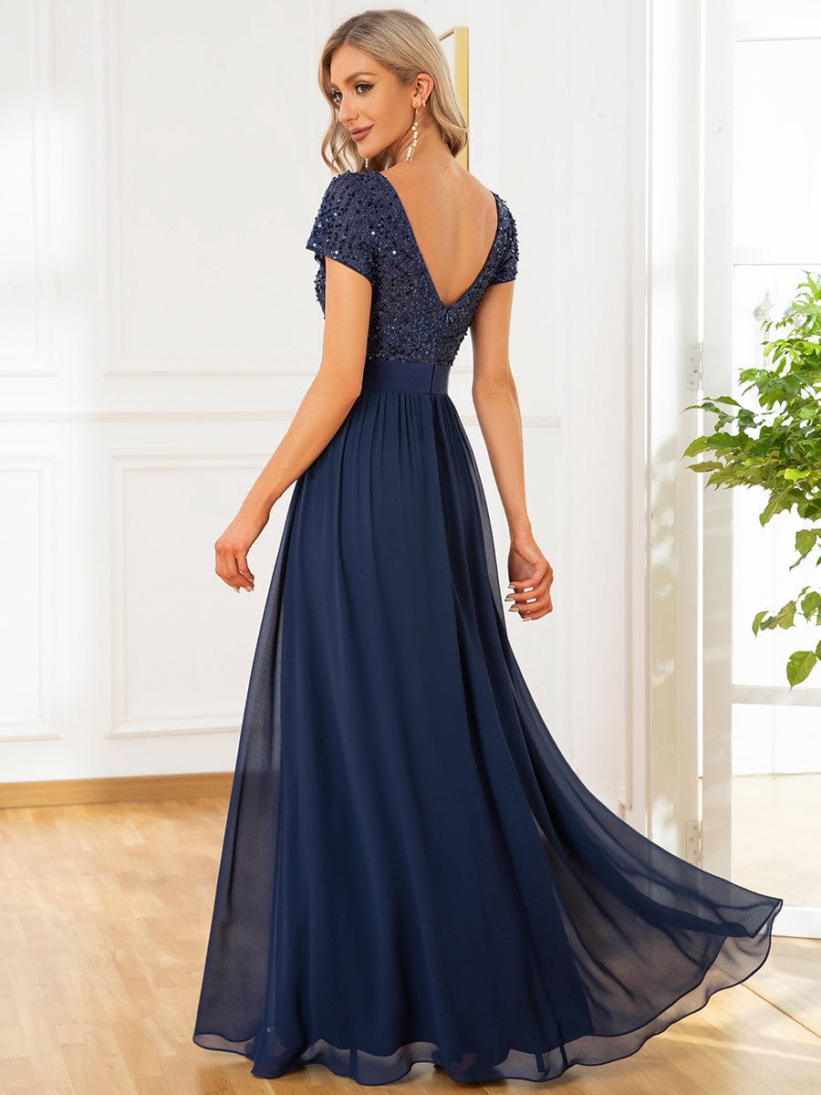 Empire Waist V-Neck Cap Sleeve Chiffon Formal Evening Dress