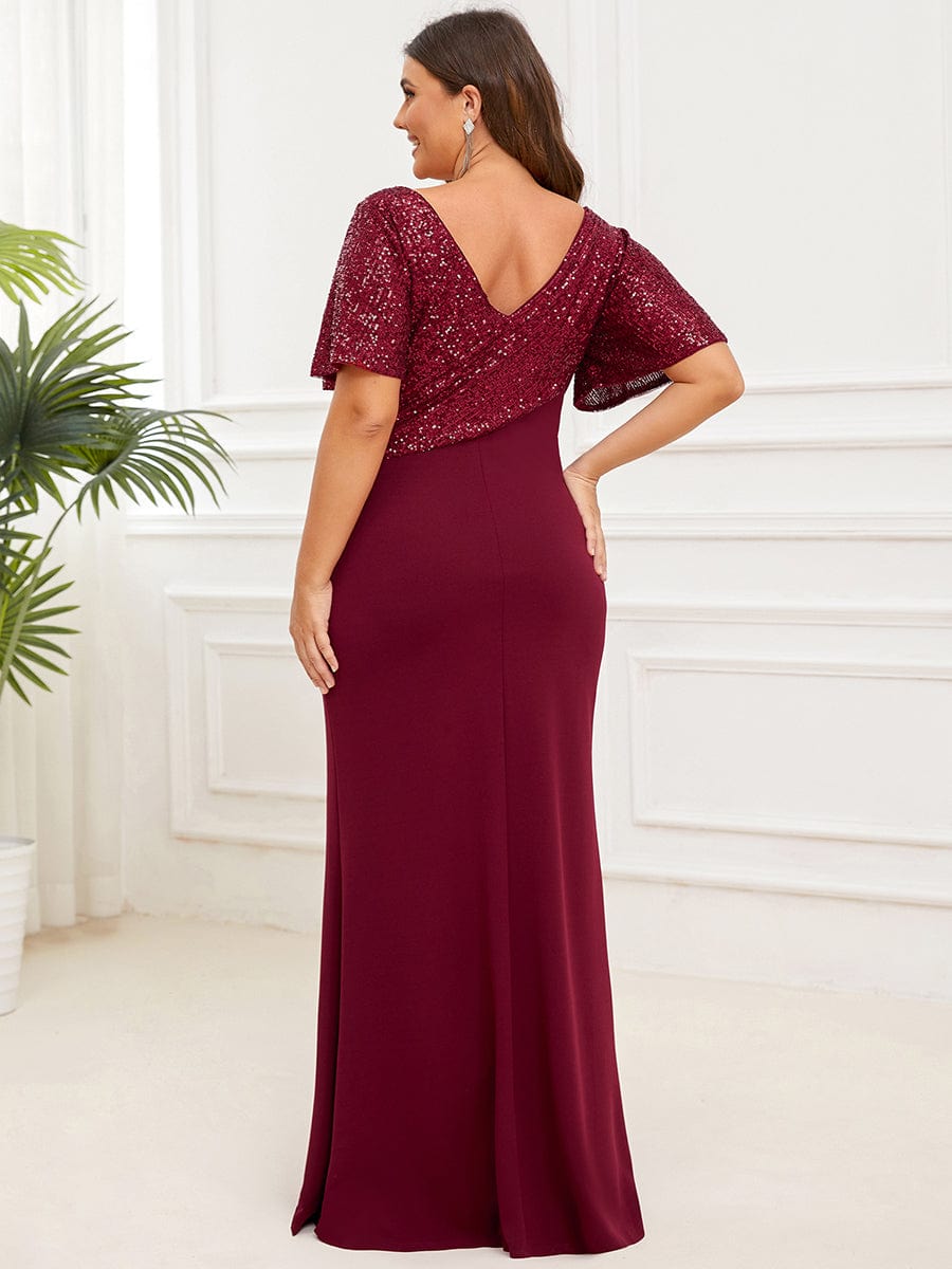 Sequin Short Sleeve Top Cinched Waist Column Evening Dress