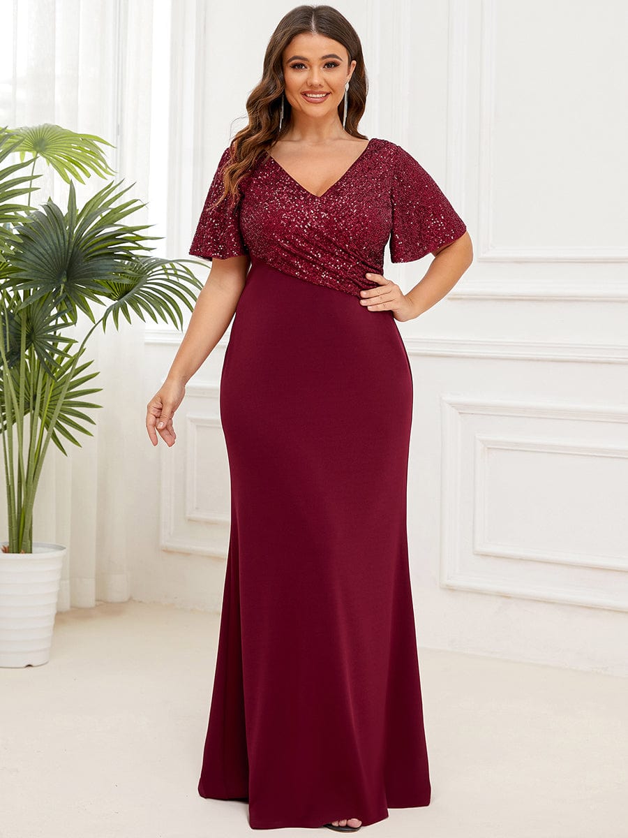 Sequin Short Sleeve Top Cinched Waist Column Evening Dress