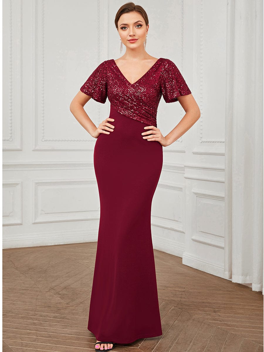 Sequin Short Sleeve Top Cinched Waist Column Evening Dress