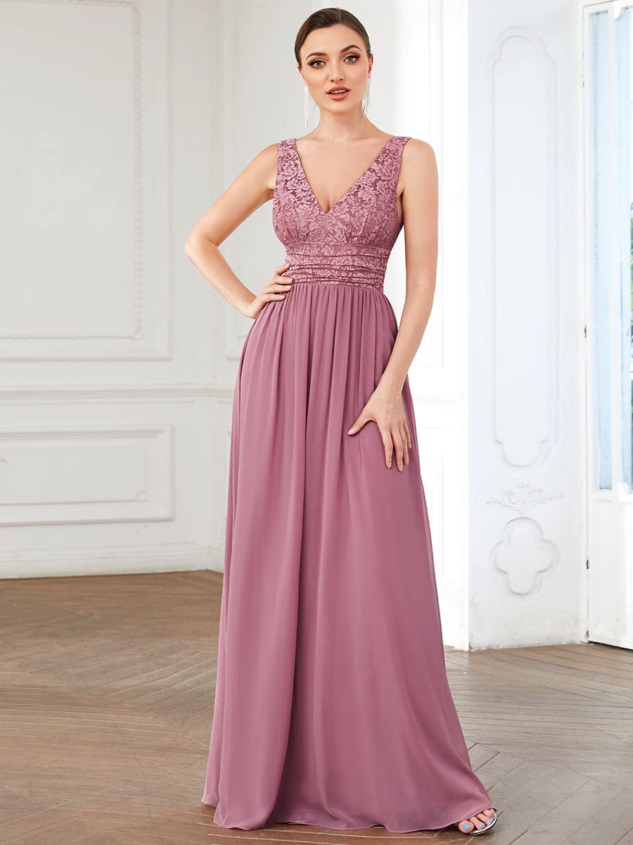 Lace Empire Waist V-Back Sleeveless Chiffon Evening Dress