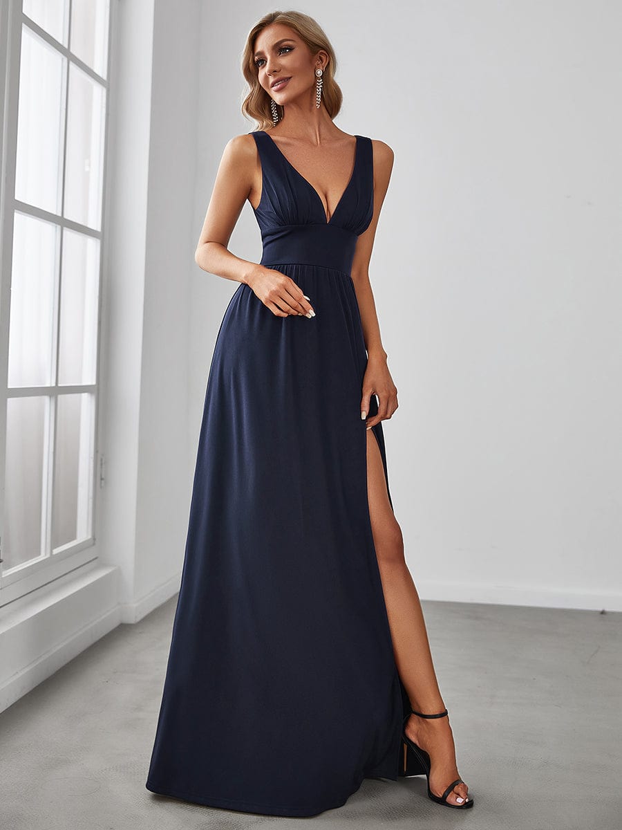 Sleeveless V-Neck Empire Waist High Slit Floor-Length Evening Dress