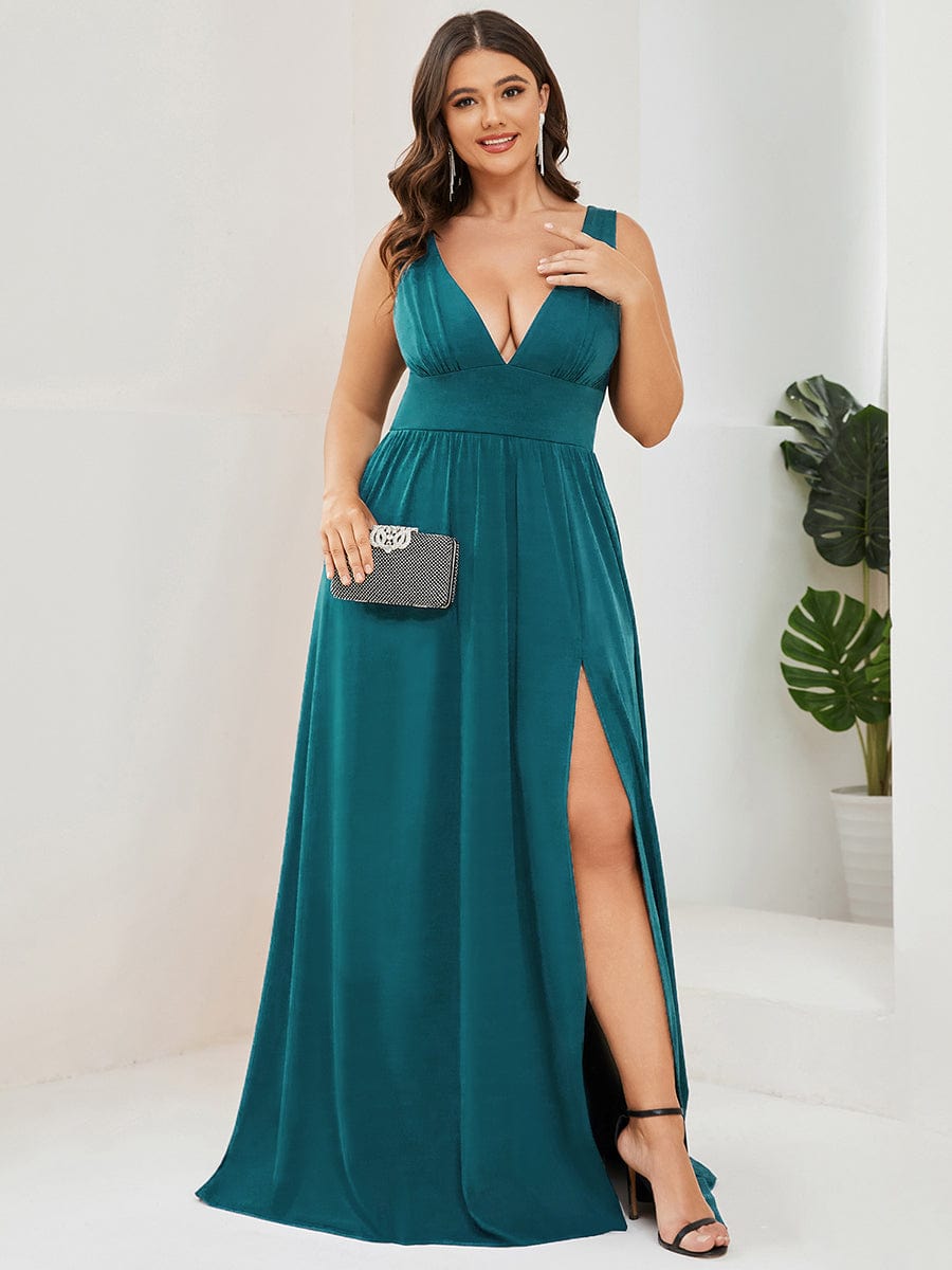 Plus Size Sleeveless V-Neck Empire Waist High Slit Floor-Length Evening Dress