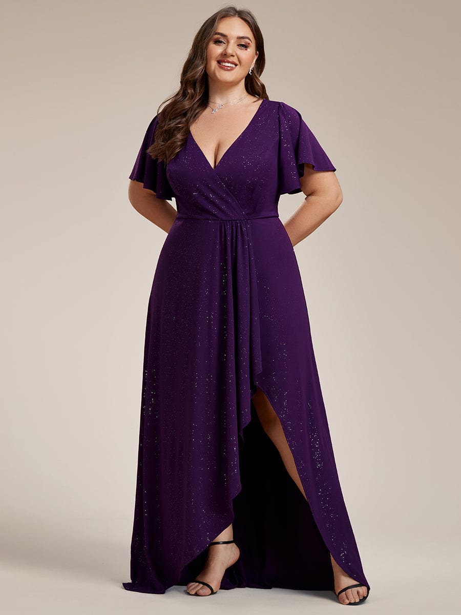 Plus Size Glitter Ruffled High-Low Front Slit Evening Dress