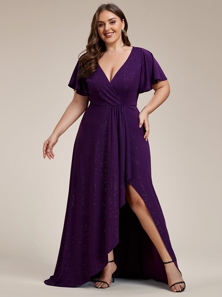 Plus Size Glitter Ruffled High-Low Front Slit Evening Dress