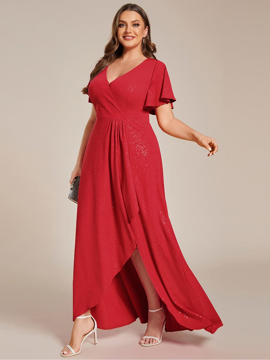 Plus Size Glitter Ruffled High-Low Front Slit Evening Dress