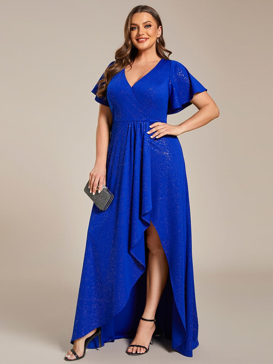 Plus Size Glitter Ruffled High-Low Front Slit Evening Dress