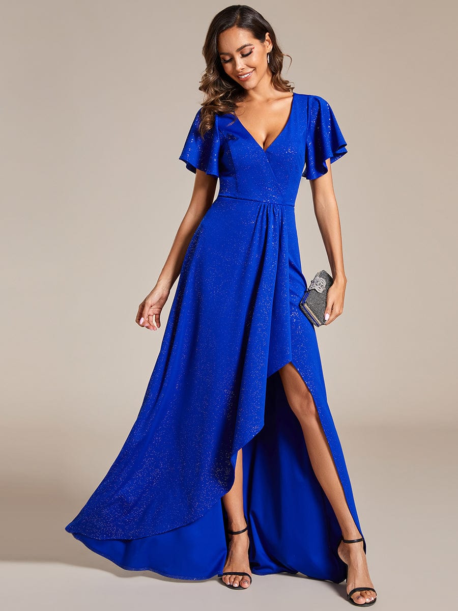 Glitter High-Low Front Side Slit Ruffled V-Neck Evening Dress