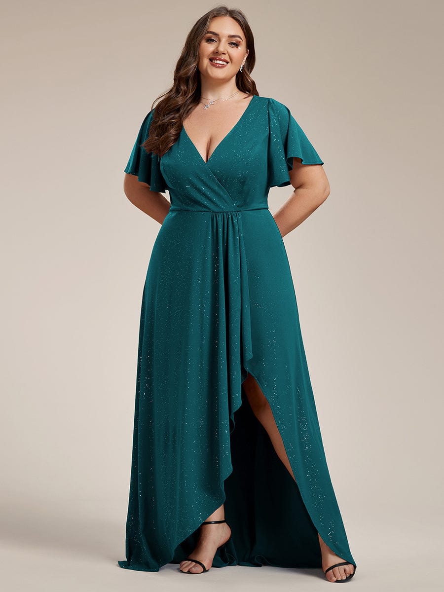 Plus Size Glitter Ruffled High-Low Front Slit Evening Dress