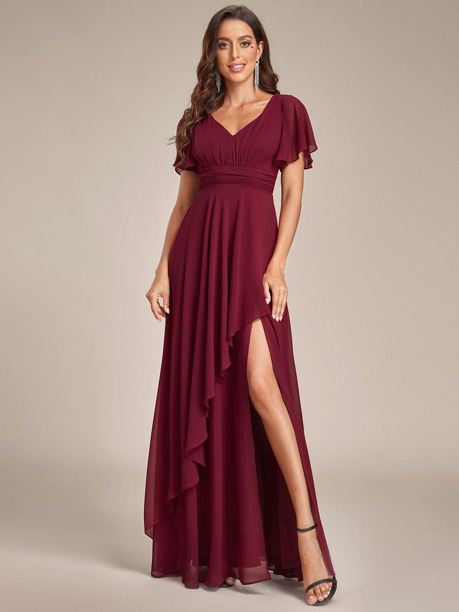 Ruffles Sleeve High Slit with Louts Leaf Chiffon Evening Dress