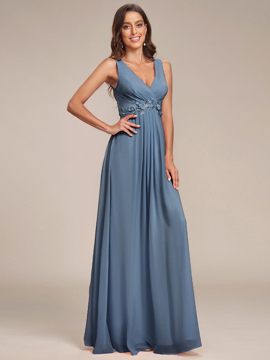 Floral Applique Sleeveless Chiffon Long Formal Evening Dress