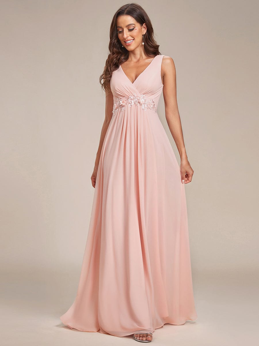 Floral Applique Sleeveless Chiffon Long Formal Evening Dress