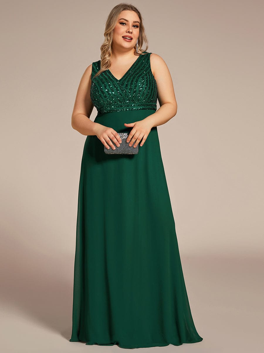 Plus Size Sequin Sleeveless Double V-Neck Formal Evening Dress