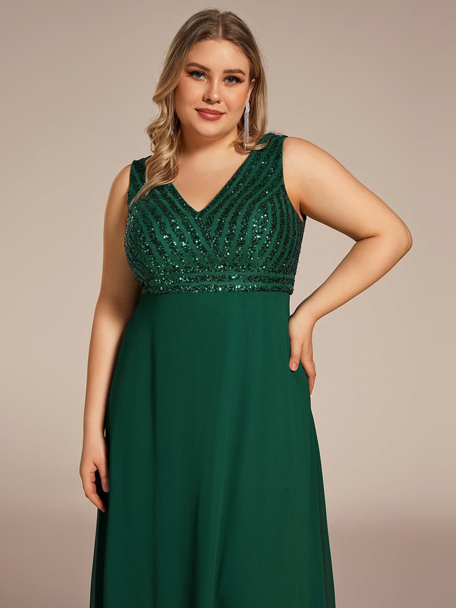 Plus Size Sequin Sleeveless Double V-Neck Formal Evening Dress