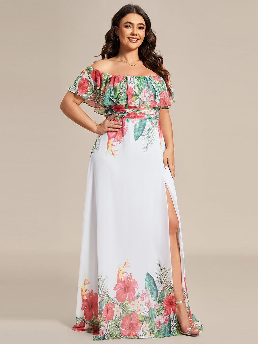 Summer Plus Size Off the Shoulder Elastic Waist Printed Evening Dress