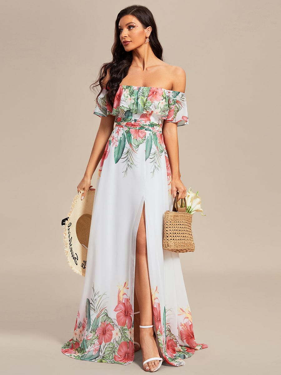 Summer Printed Chiffon Off the Shoulder A-Line Evening Dress