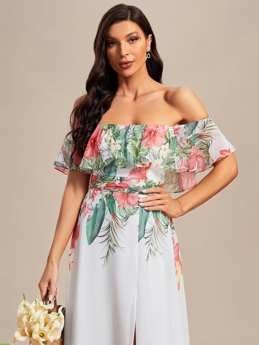 Summer Printed Chiffon Off the Shoulder A-Line Evening Dress