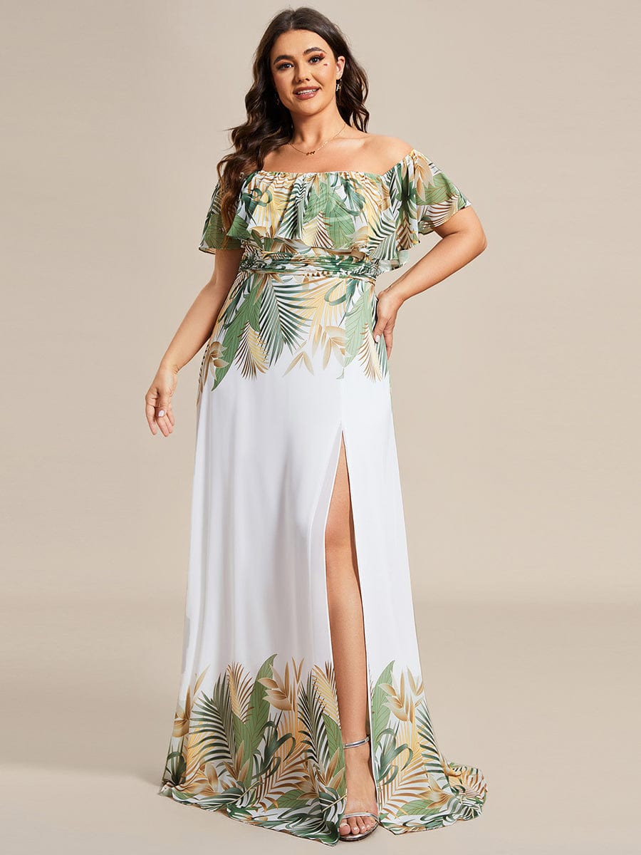 Summer Plus Size Off the Shoulder Elastic Waist Printed Evening Dress