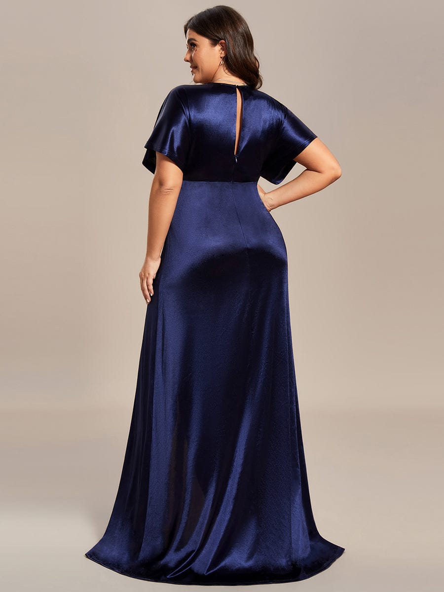 Plus Size High Front Slit Bat-Wing Sleeve Satin Evening Dress