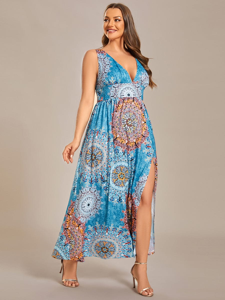 Plus Size Floral Sleeveless High-Slit Ankle Length Evening Dress