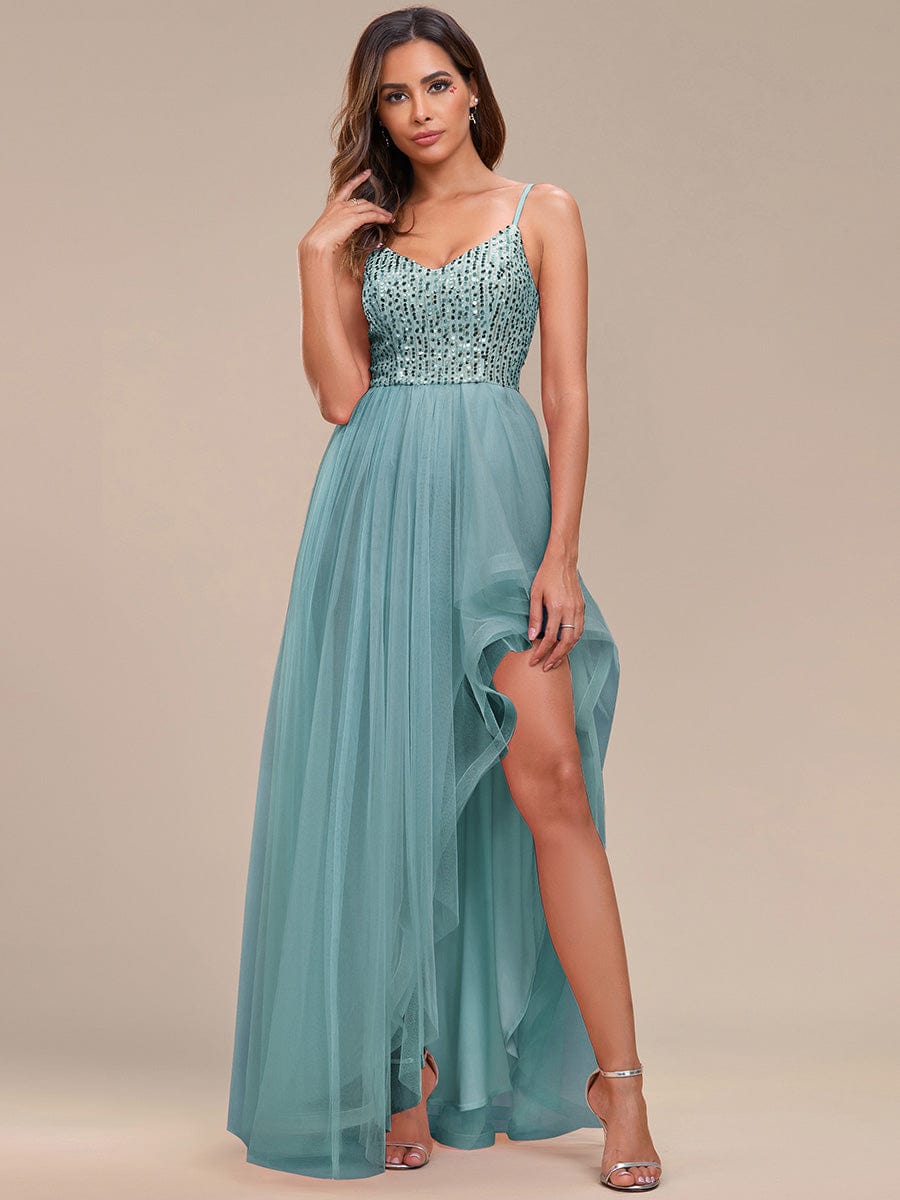 Spaghetti Strap Sequin Top A-Line High Low Tulle Evening Dress