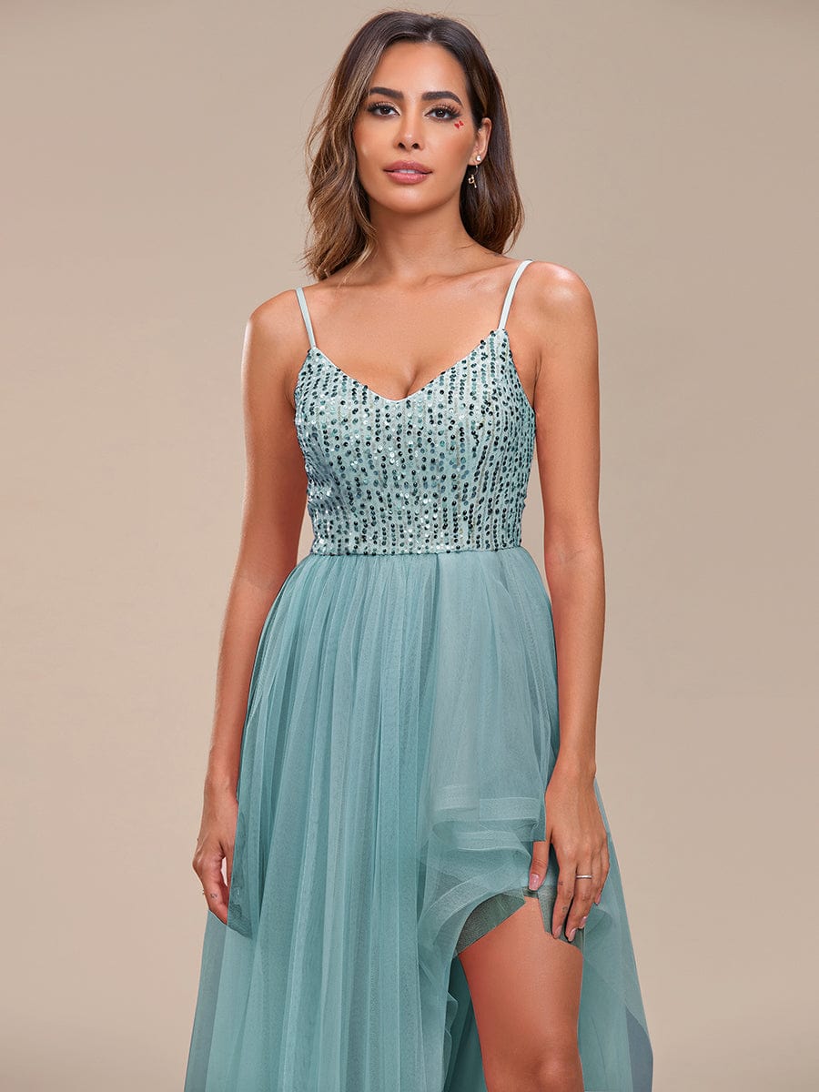 Spaghetti Strap Sequin Top A-Line High Low Tulle Evening Dress