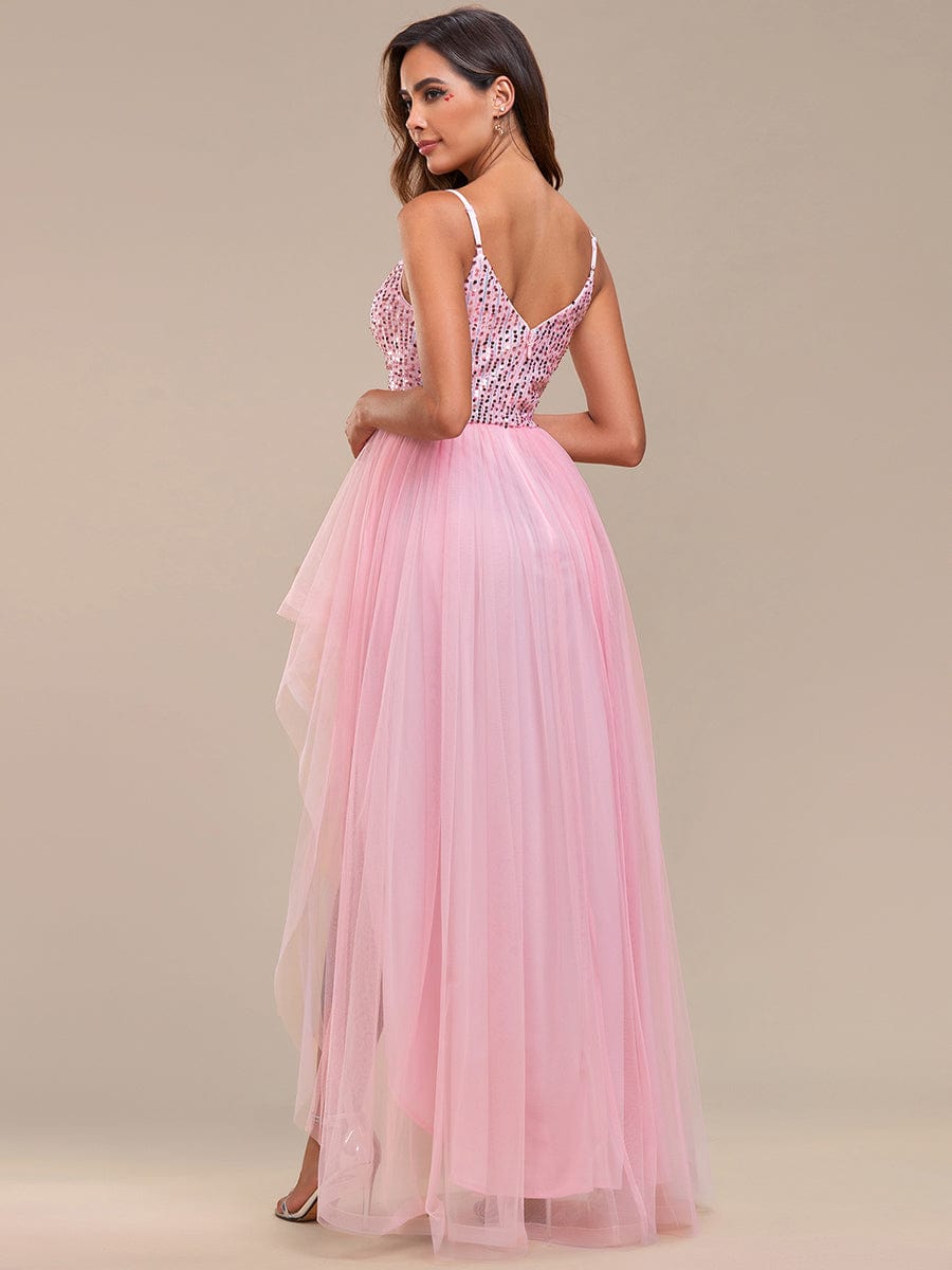 Spaghetti Strap Sequin Top A-Line High Low Tulle Evening Dress