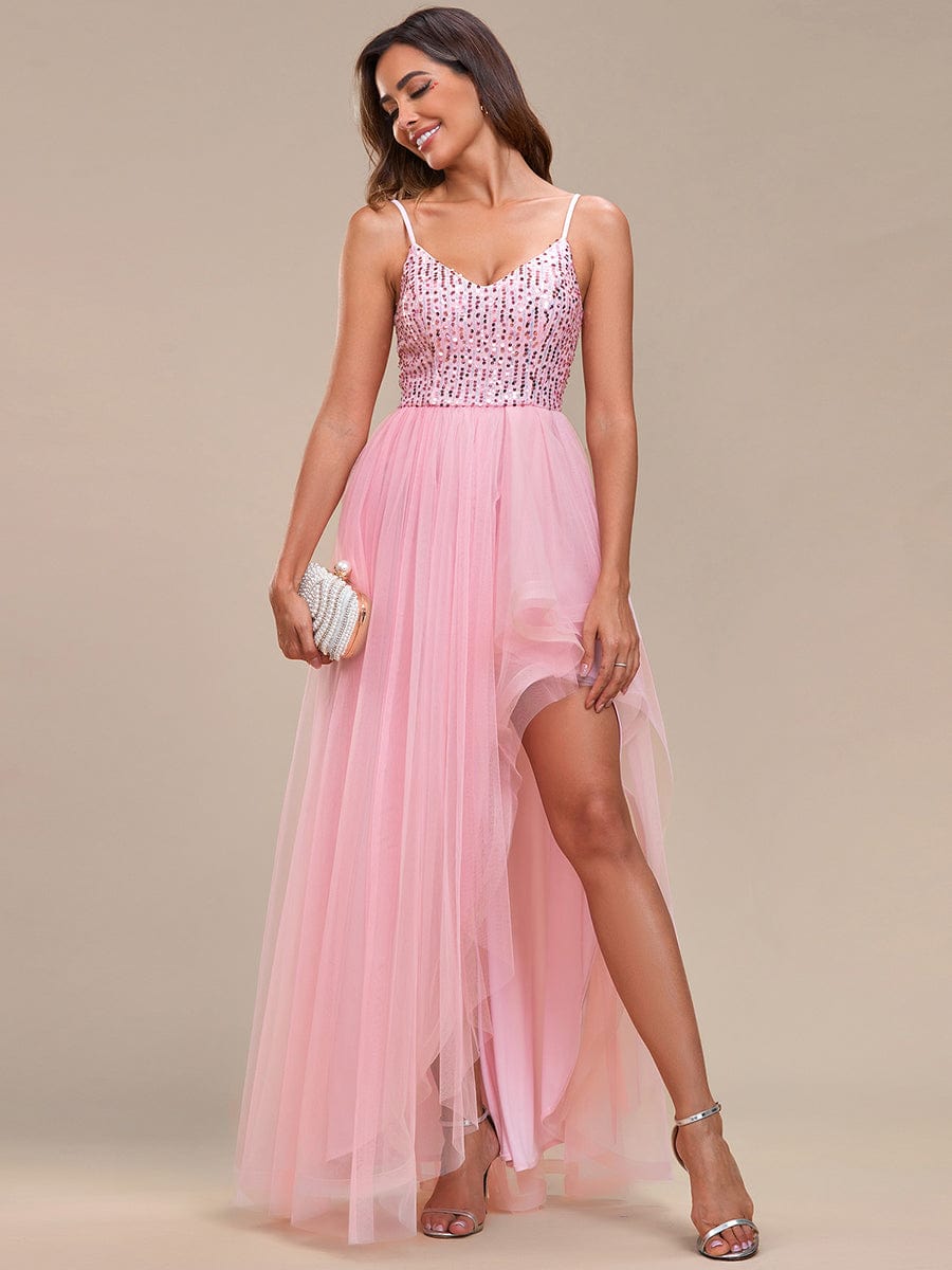 Spaghetti Strap Sequin Top A-Line High Low Tulle Evening Dress