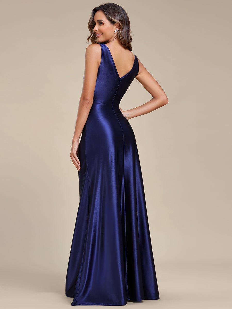 Deep V-Neck Stylish Waist Pleated High Slit Satin Evening Dress